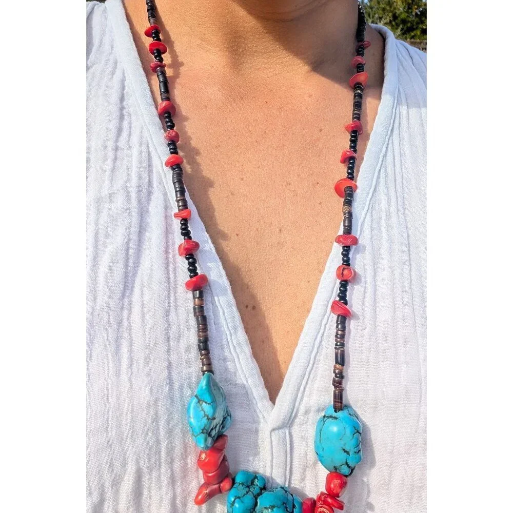 Vtg Turquoise & Red Coral Necklace Native American Style Silver Tone Handmade